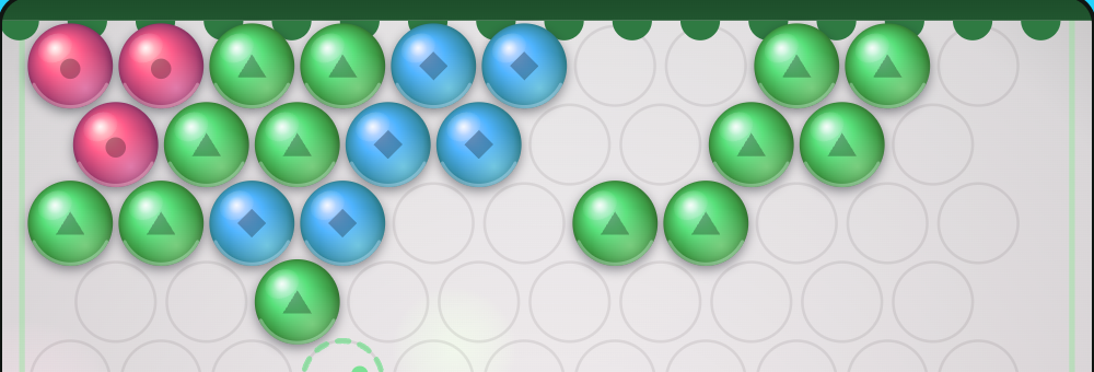 A single green triangle bubble hangs below two blue diamond bubbles on the left of Bubble Grove’s First Light board.