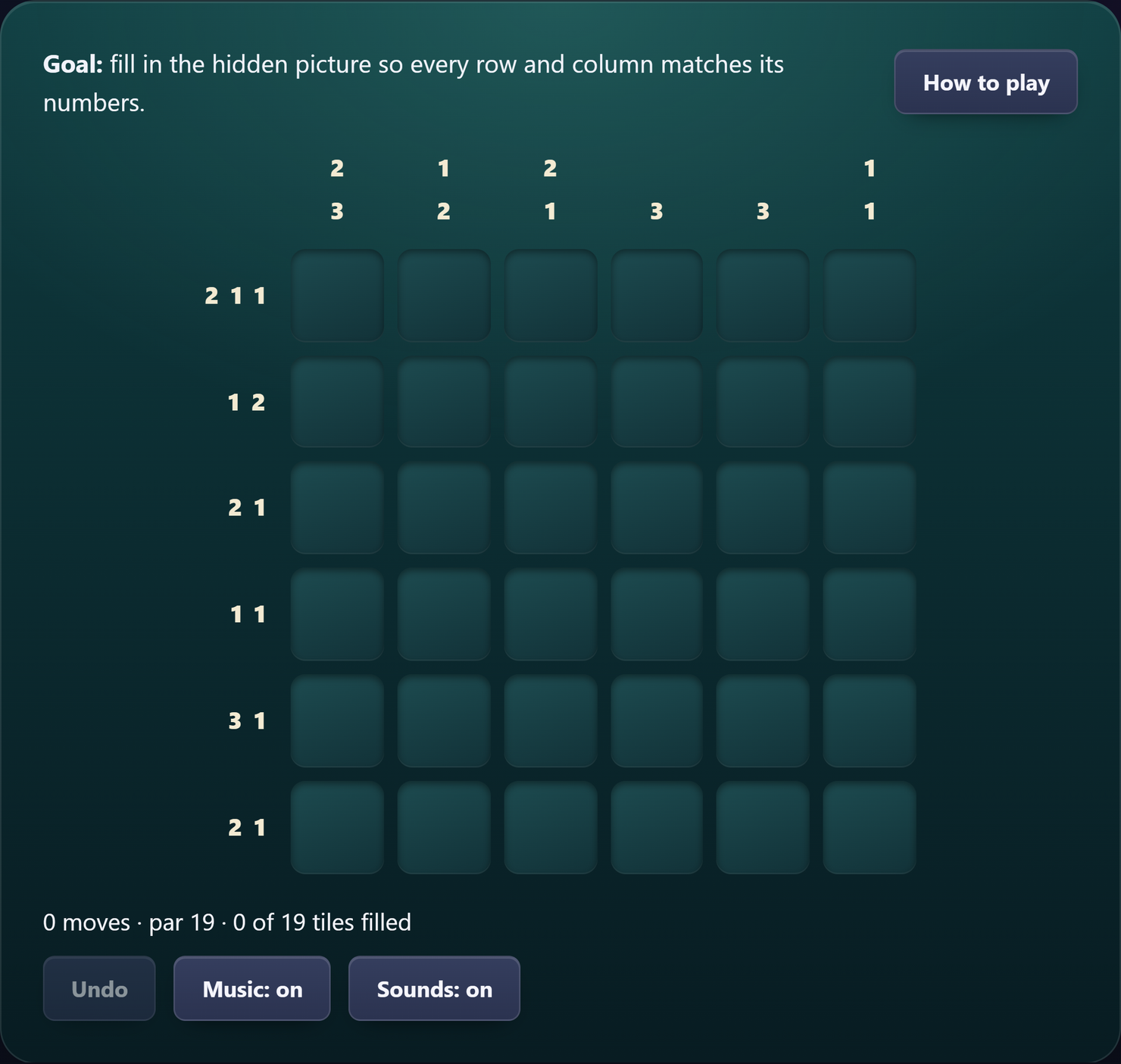 The September 23 Tile Mosaic daily puzzle: a six by six empty board with row and column clues.
