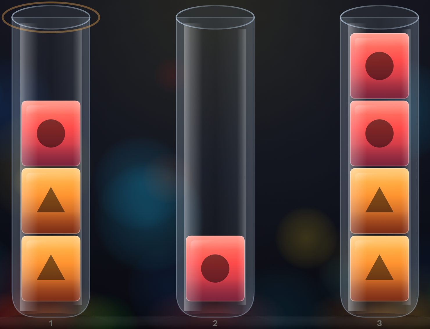 Level 2 has three tubes: two yellow triangles under one red circle on the left, one red circle in the middle, and two yellow triangles under two red circles on the right.