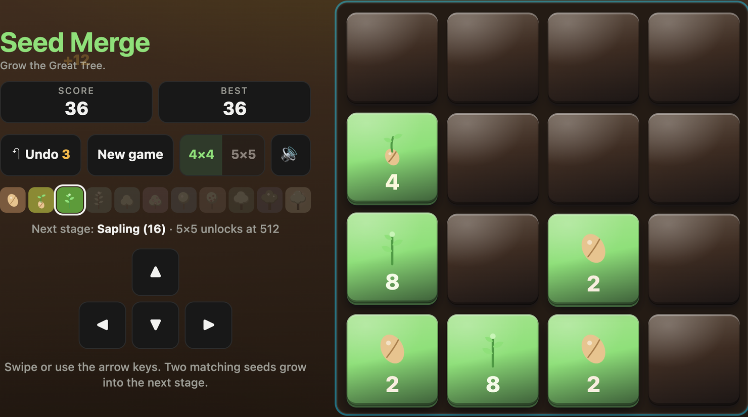 Seed Merge board before an upward slide, with two 2 tiles in column three, Score 36, Best 36 and Undo 3.