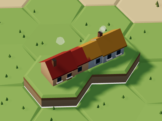 Two single-storey Tidegable houses with red and ochre roofs join across neighbouring hexes at the same ground height.